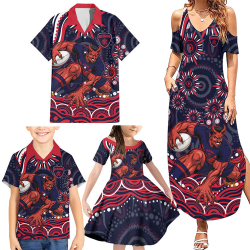 Personalized Melbourne Demons Mascot Family Matching Summer Maxi Dress and Hawaiian Shirt Aboriginal Dot Art - Dreamtime Football Mascot