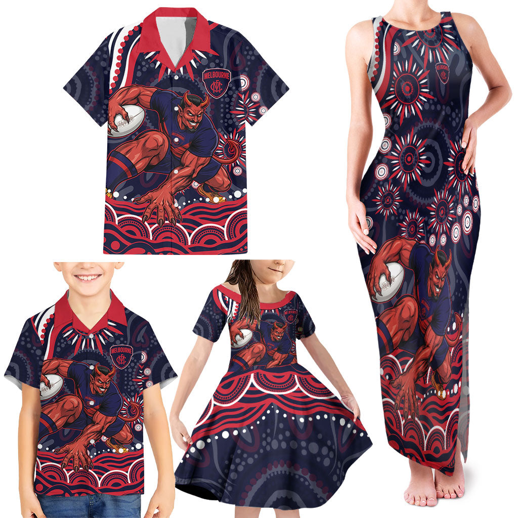Personalized Melbourne Demons Mascot Family Matching Tank Maxi Dress and Hawaiian Shirt Aboriginal Dot Art - Dreamtime Football Mascot