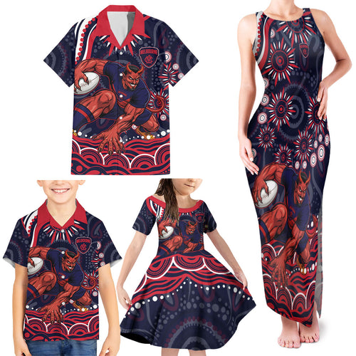 Personalized Melbourne Demons Mascot Family Matching Tank Maxi Dress and Hawaiian Shirt Aboriginal Dot Art - Dreamtime Football Mascot