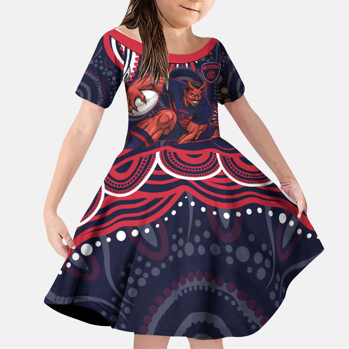 Personalized Melbourne Demons Mascot Kid Short Sleeve Dress Aboriginal Dot Art - Dreamtime Football Mascot