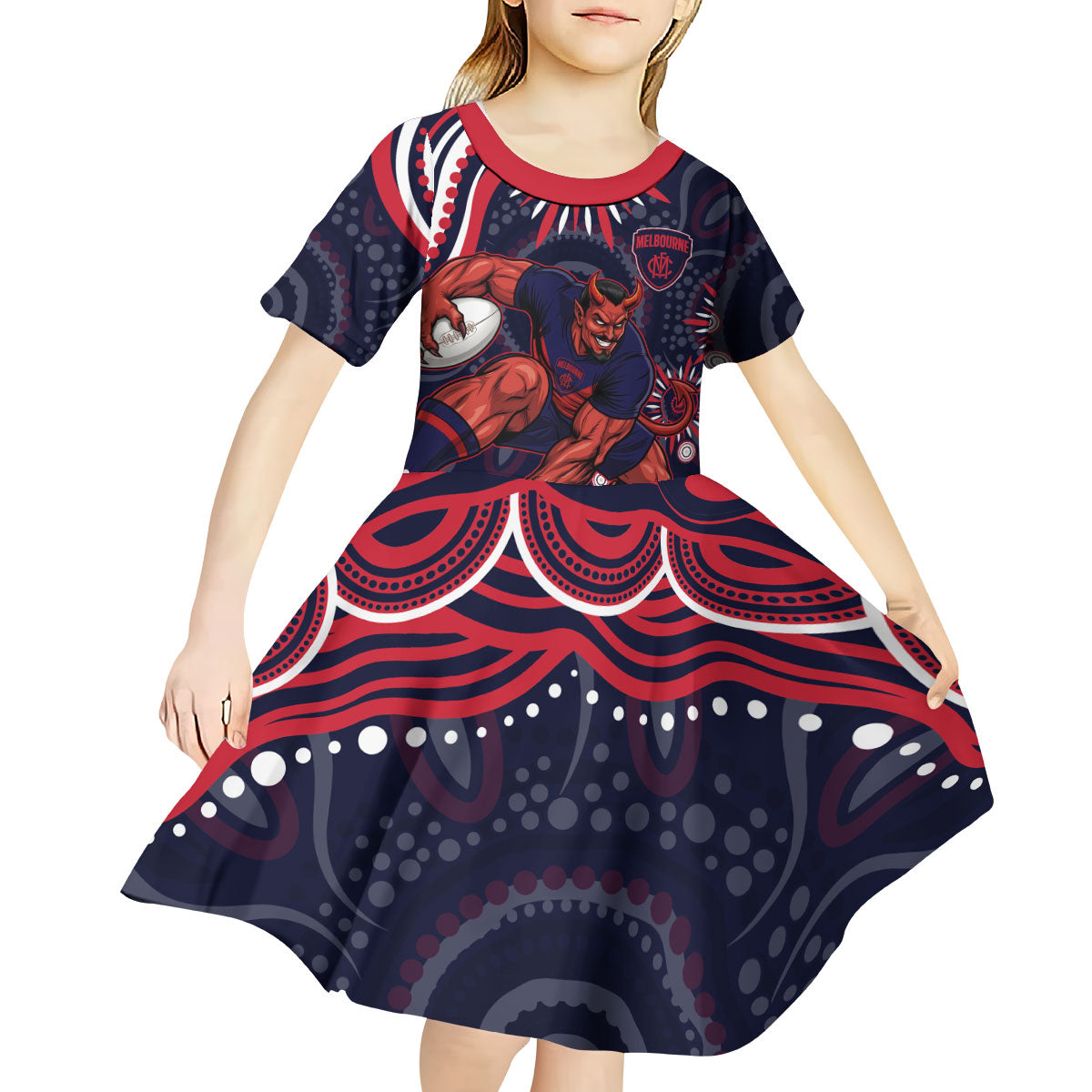 Personalized Melbourne Demons Mascot Kid Short Sleeve Dress Aboriginal Dot Art - Dreamtime Football Mascot