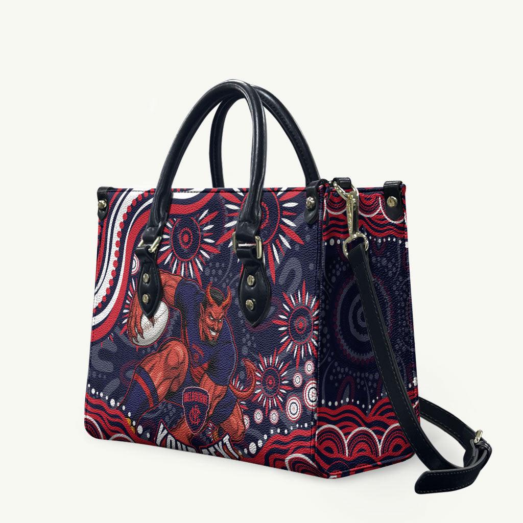 Personalized Melbourne Demons Mascot Leather Bag Aboriginal Dot Art - Dreamtime Football Mascot