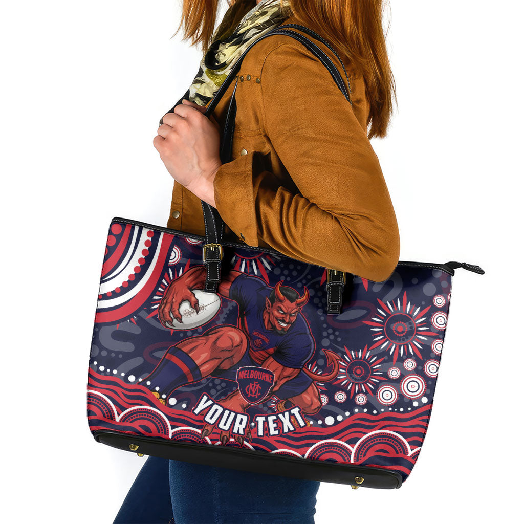 Personalized Melbourne Demons Mascot Leather Tote Bag Aboriginal Dot Art - Dreamtime Football Mascot