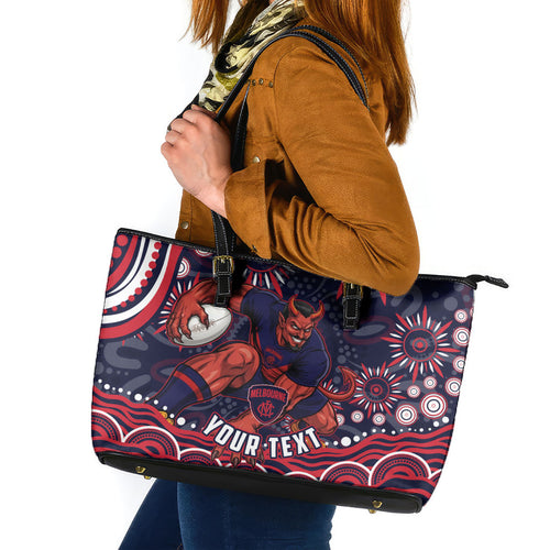 Personalized Melbourne Demons Mascot Leather Tote Bag Aboriginal Dot Art - Dreamtime Football Mascot