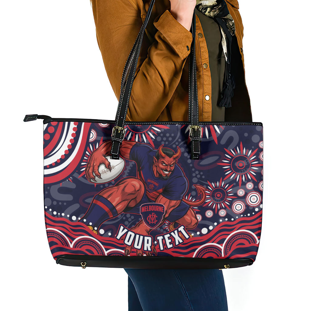 Personalized Melbourne Demons Mascot Leather Tote Bag Aboriginal Dot Art - Dreamtime Football Mascot
