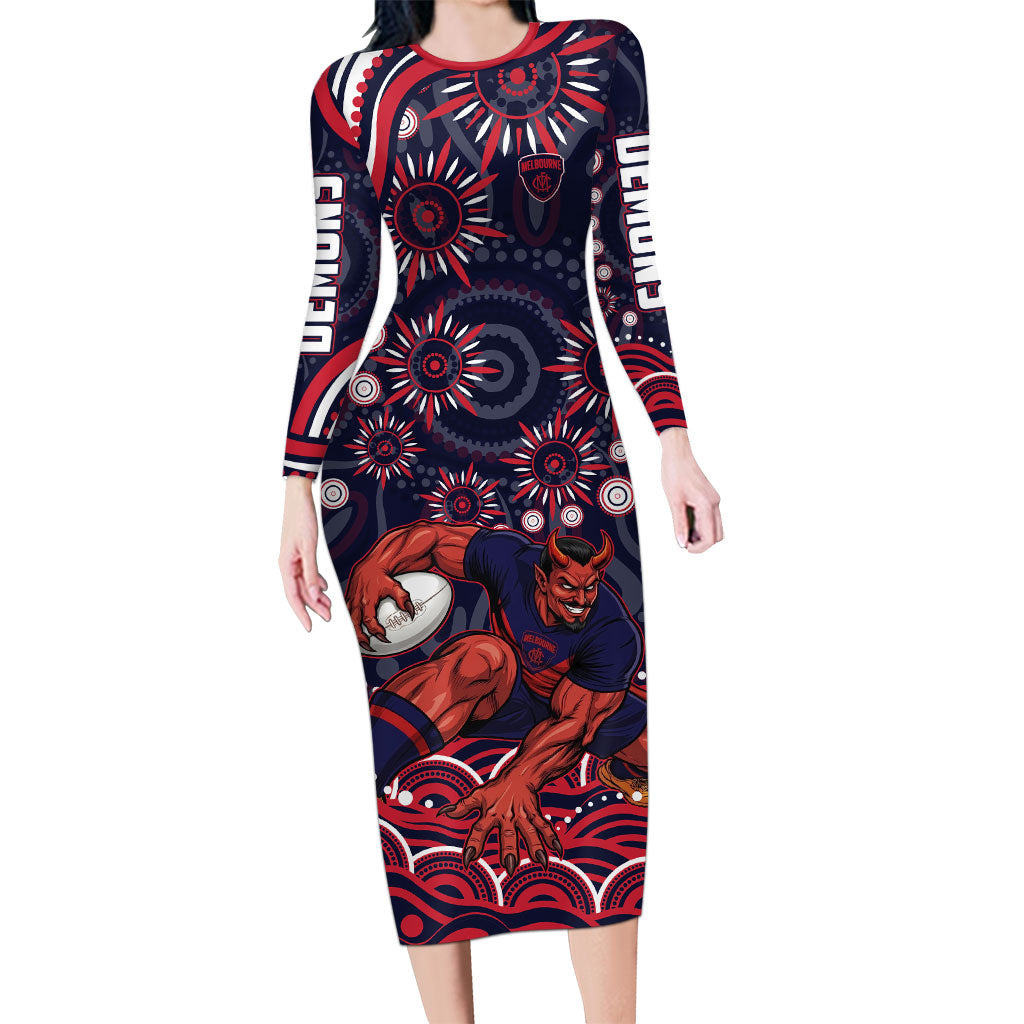Personalized Melbourne Demons Mascot Long Sleeve Bodycon Dress Aboriginal Dot Art - Dreamtime Football Mascot