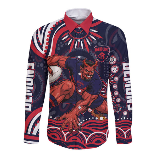 Personalized Melbourne Demons Mascot Long Sleeve Button Shirt Aboriginal Dot Art - Dreamtime Football Mascot