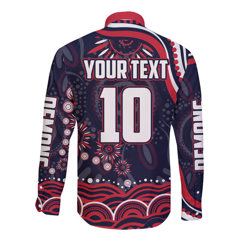 Personalized Melbourne Demons Mascot Long Sleeve Button Shirt Aboriginal Dot Art - Dreamtime Football Mascot
