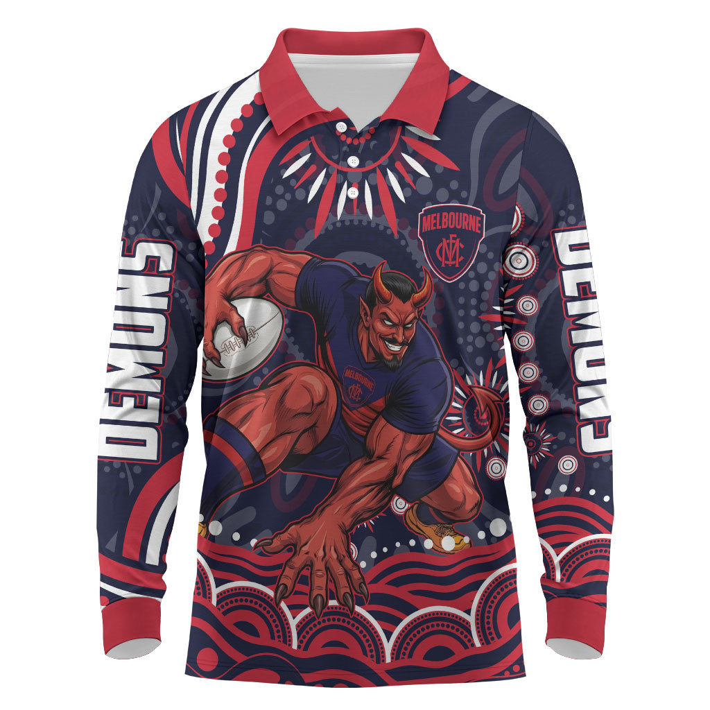 Personalized Melbourne Demons Mascot Long Sleeve Polo Shirt Aboriginal Dot Art - Dreamtime Football Mascot