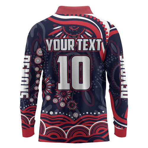 Personalized Melbourne Demons Mascot Long Sleeve Polo Shirt Aboriginal Dot Art - Dreamtime Football Mascot
