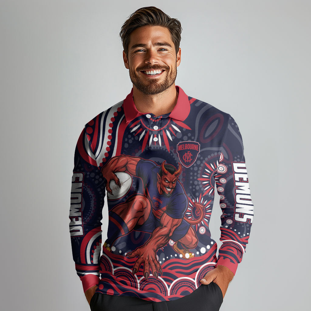 Personalized Melbourne Demons Mascot Long Sleeve Polo Shirt Aboriginal Dot Art - Dreamtime Football Mascot