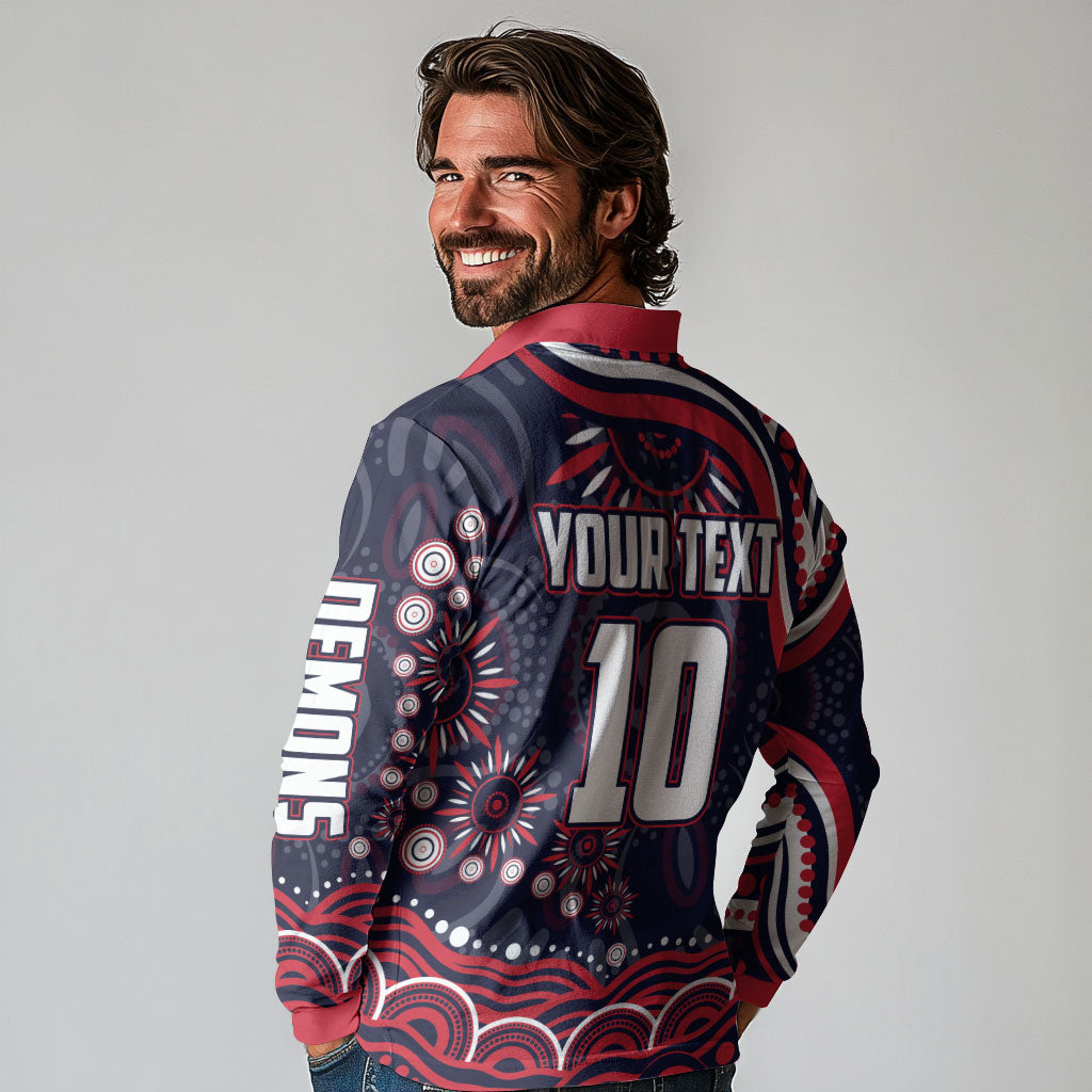 Personalized Melbourne Demons Mascot Long Sleeve Polo Shirt Aboriginal Dot Art - Dreamtime Football Mascot