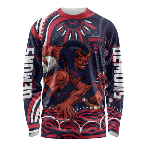 Personalized Melbourne Demons Mascot Long Sleeve Shirt Aboriginal Dot Art - Dreamtime Football Mascot