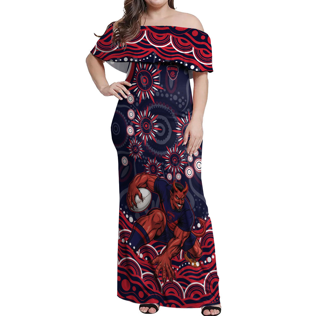 Personalized Melbourne Demons Mascot Off Shoulder Maxi Dress Aboriginal Dot Art - Dreamtime Football Mascot