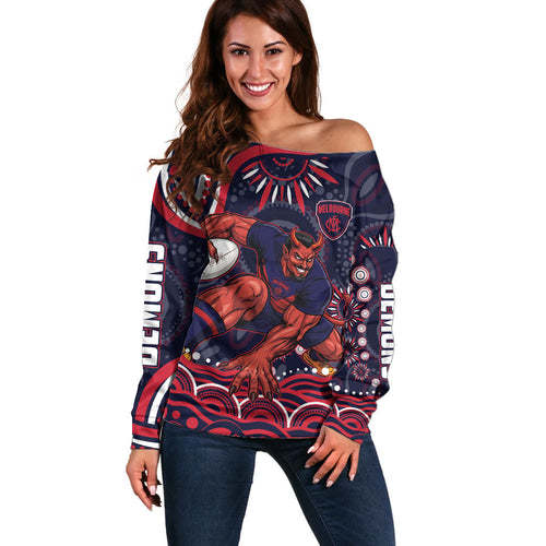 Personalized Melbourne Demons Mascot Off Shoulder Sweater Aboriginal Dot Art - Dreamtime Football Mascot