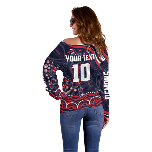 Personalized Melbourne Demons Mascot Off Shoulder Sweater Aboriginal Dot Art - Dreamtime Football Mascot