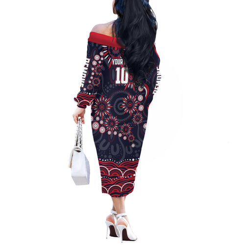 Personalized Melbourne Demons Mascot Off The Shoulder Long Sleeve Dress Aboriginal Dot Art - Dreamtime Football Mascot