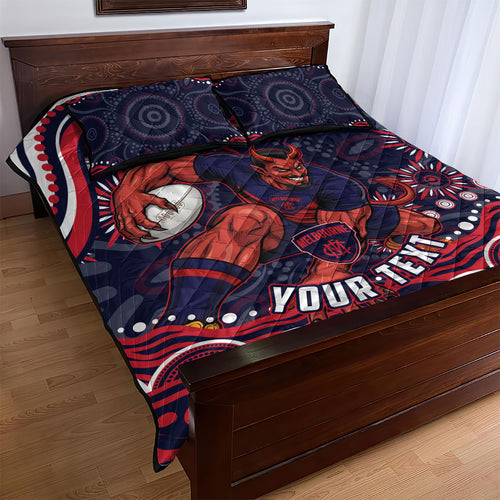 Personalized Melbourne Demons Mascot Quilt Bed Set Aboriginal Dot Art - Dreamtime Football Mascot