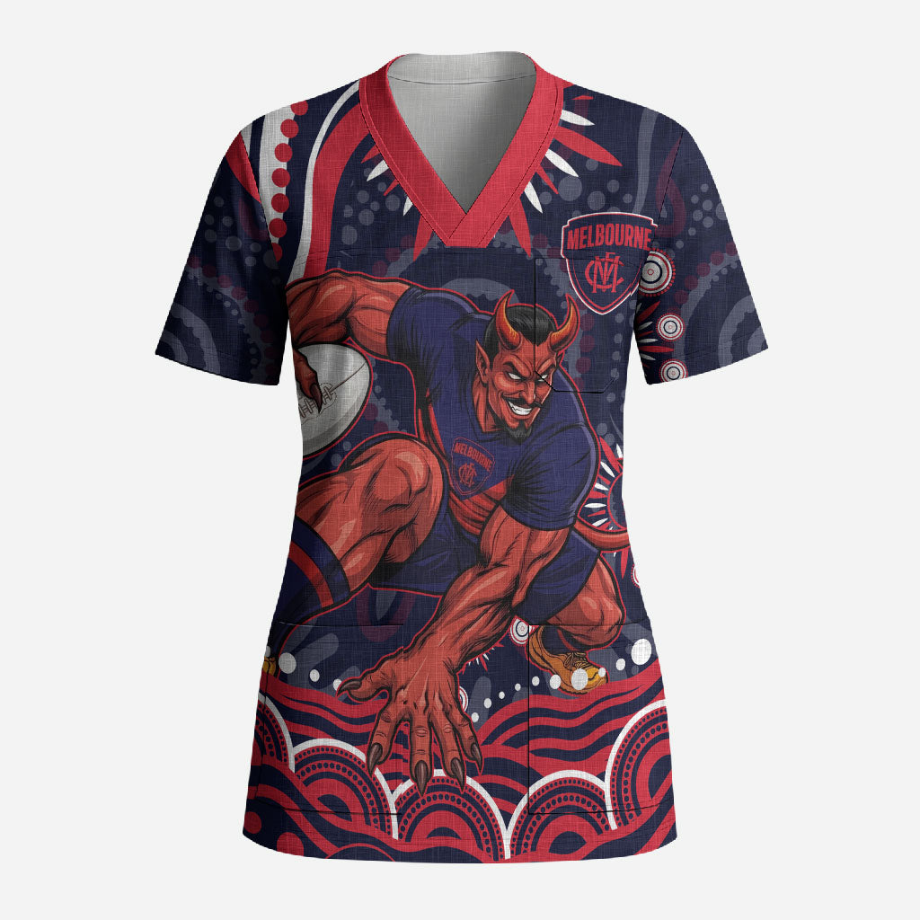 Personalized Melbourne Demons Mascot Scrub Top Aboriginal Dot Art - Dreamtime Football Mascot