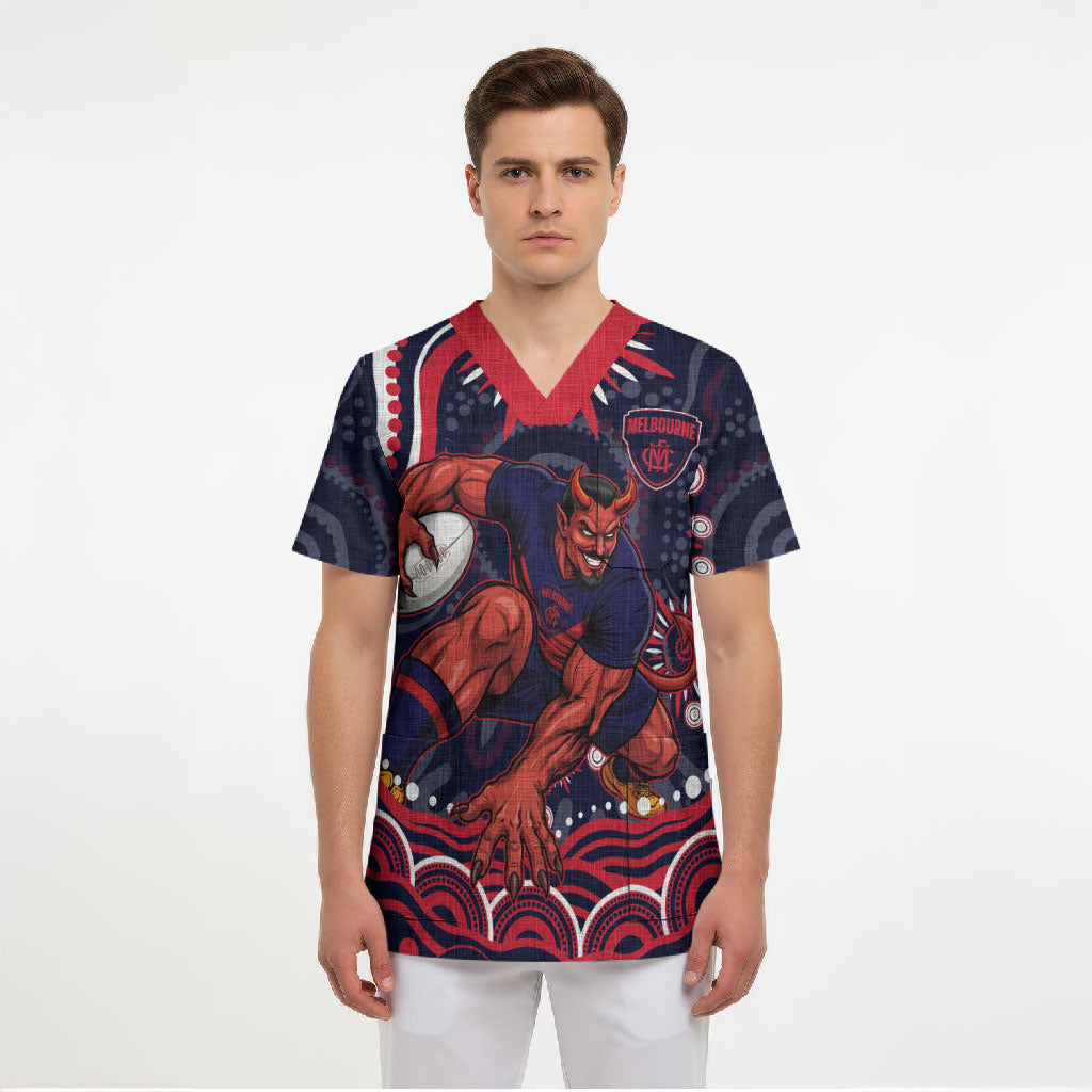 Personalized Melbourne Demons Mascot Scrub Top Aboriginal Dot Art - Dreamtime Football Mascot