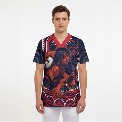 Personalized Melbourne Demons Mascot Scrub Top Aboriginal Dot Art - Dreamtime Football Mascot