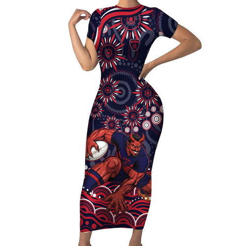 Personalized Melbourne Demons Mascot Short Sleeve Bodycon Dress Aboriginal Dot Art - Dreamtime Football Mascot