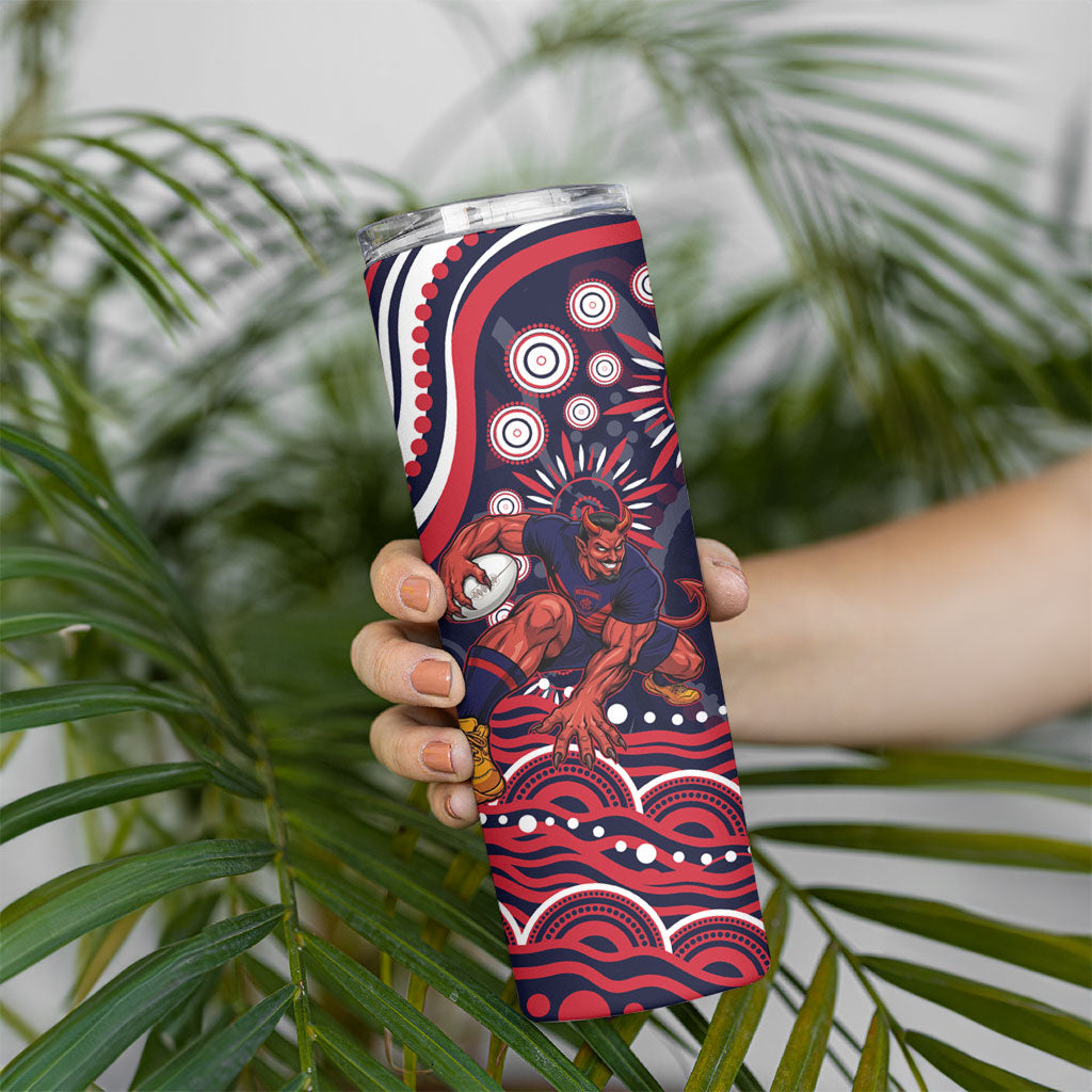 Personalized Melbourne Demons Mascot Skinny Tumbler Aboriginal Dot Art - Dreamtime Football Mascot