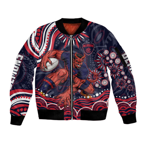 Personalized Melbourne Demons Mascot Sleeve Zip Bomber Jacket Aboriginal Dot Art - Dreamtime Football Mascot