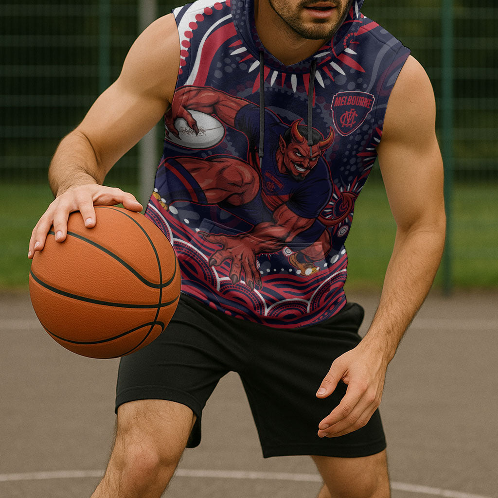 Personalized Melbourne Demons Mascot Sleeveless Hoodie Aboriginal Dot Art - Dreamtime Football Mascot