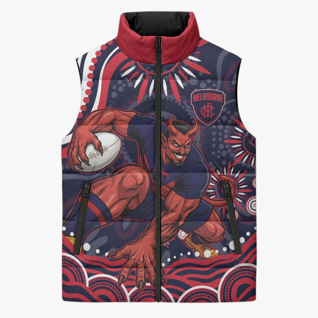 Personalized Melbourne Demons Mascot Sleeveless Puffer Jacket Aboriginal Dot Art - Dreamtime Football Mascot