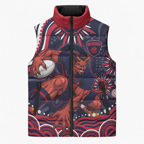 Personalized Melbourne Demons Mascot Sleeveless Puffer Jacket Aboriginal Dot Art - Dreamtime Football Mascot
