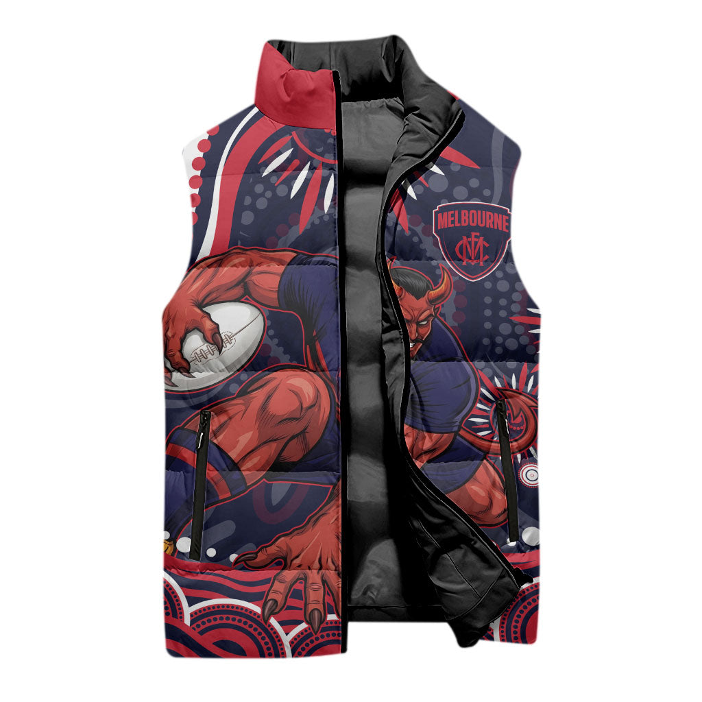 Personalized Melbourne Demons Mascot Sleeveless Puffer Jacket Aboriginal Dot Art - Dreamtime Football Mascot