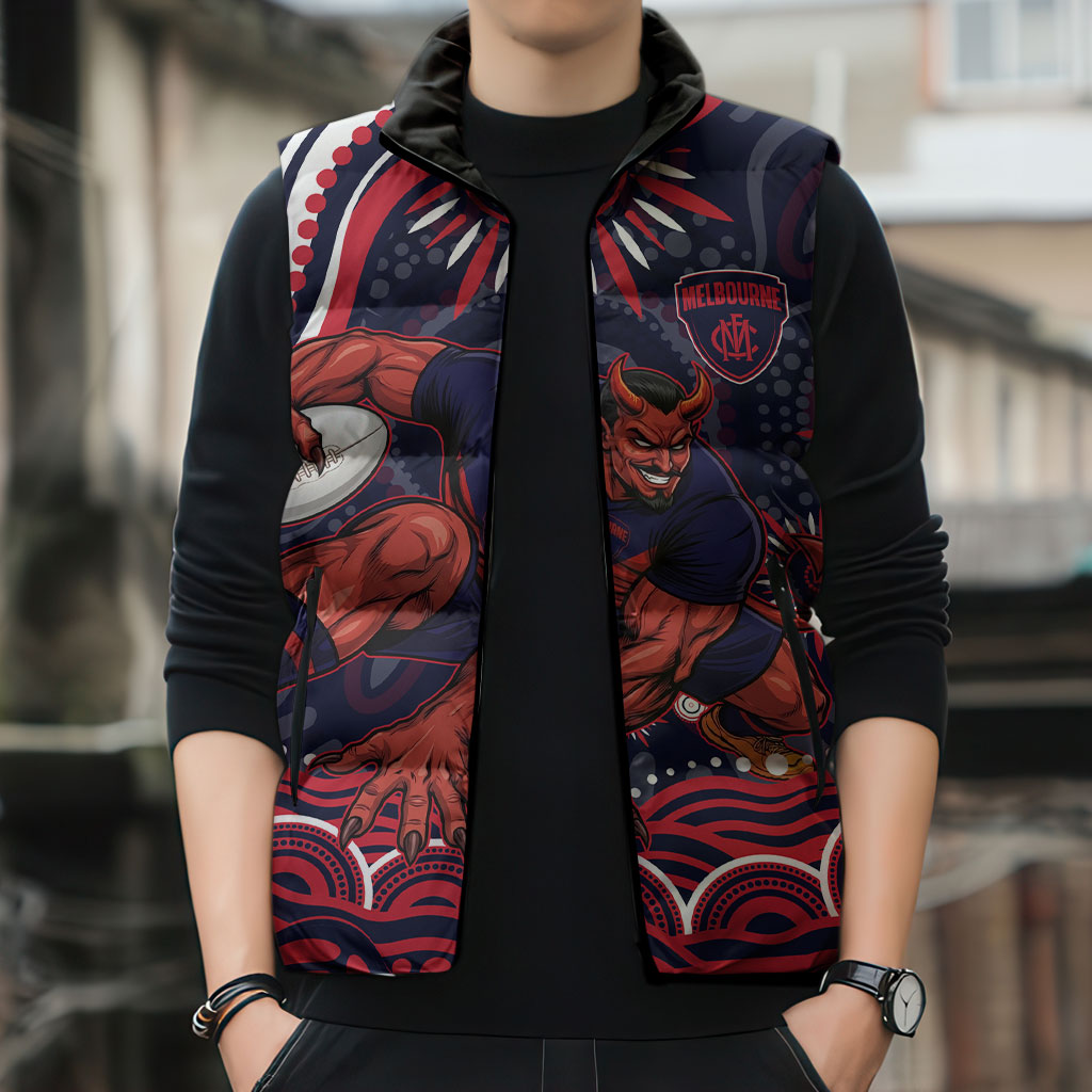 Personalized Melbourne Demons Mascot Sleeveless Puffer Jacket Aboriginal Dot Art - Dreamtime Football Mascot