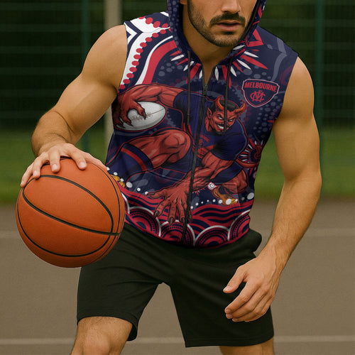 Personalized Melbourne Demons Mascot Sleeveless Zip Hoodie Aboriginal Dot Art - Dreamtime Football Mascot