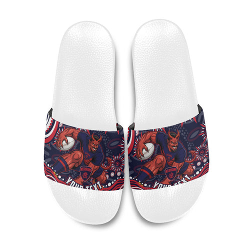 Personalized Melbourne Demons Mascot Slide Sandals Aboriginal Dot Art - Dreamtime Football Mascot