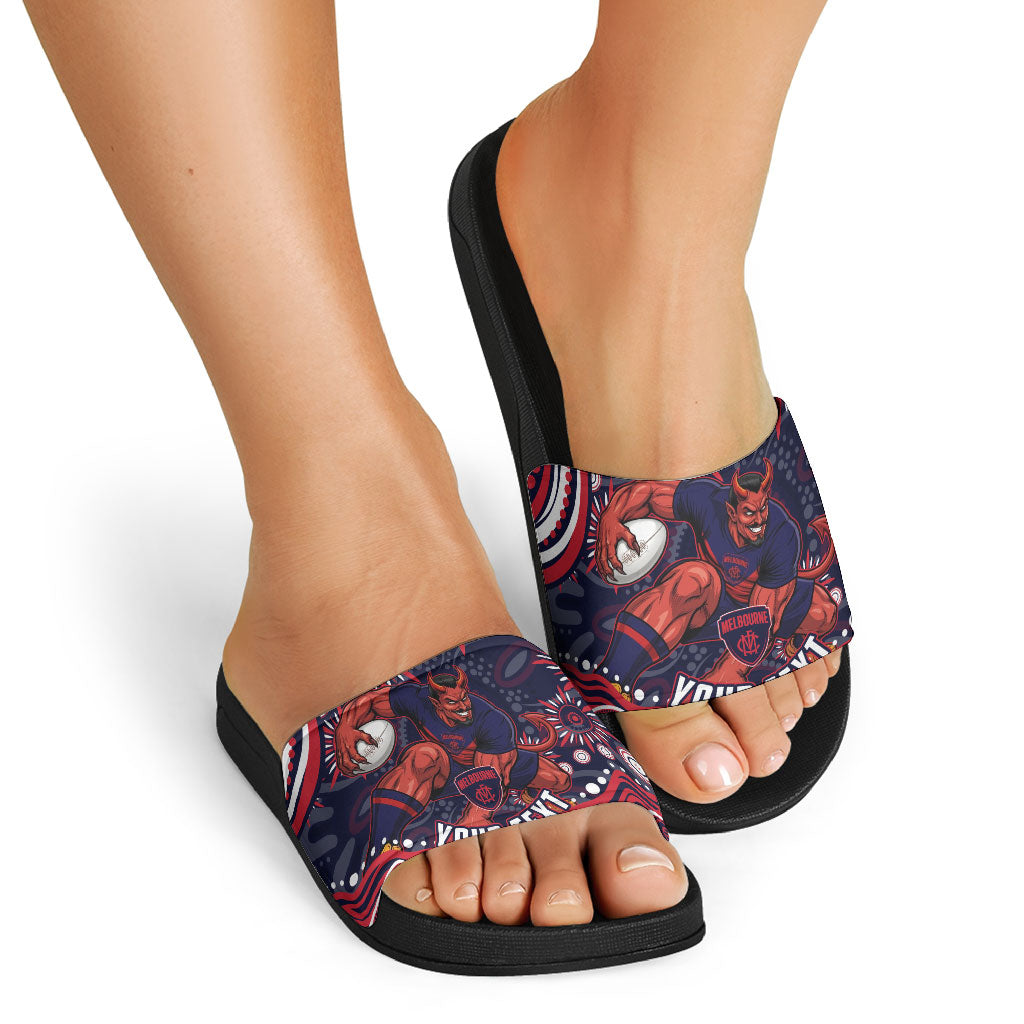 Personalized Melbourne Demons Mascot Slide Sandals Aboriginal Dot Art - Dreamtime Football Mascot
