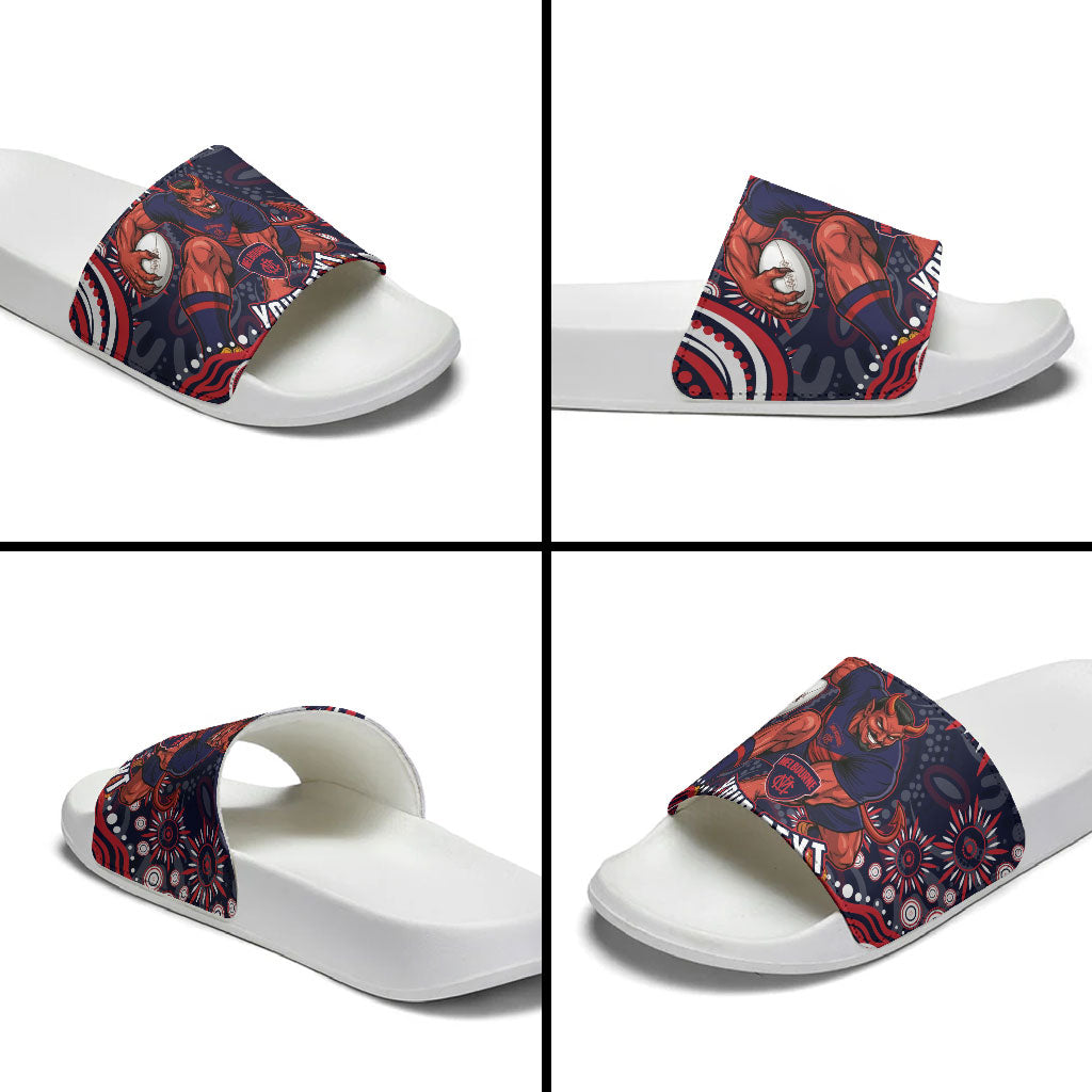 Personalized Melbourne Demons Mascot Slide Sandals Aboriginal Dot Art - Dreamtime Football Mascot