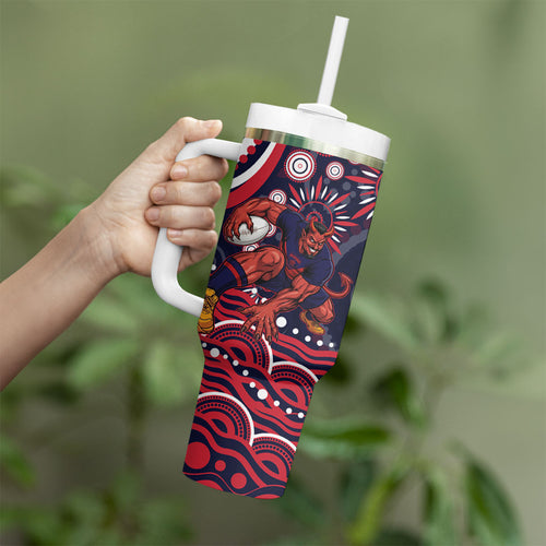 Personalized Melbourne Demons Mascot Tumbler With Handle Aboriginal Dot Art - Dreamtime Football Mascot