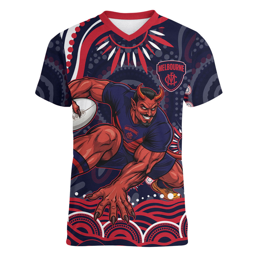 Personalized Melbourne Demons Mascot Women V-Neck T-Shirt Aboriginal Dot Art - Dreamtime Football Mascot