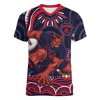 Personalized Melbourne Demons Mascot Women V-Neck T-Shirt Aboriginal Dot Art - Dreamtime Football Mascot