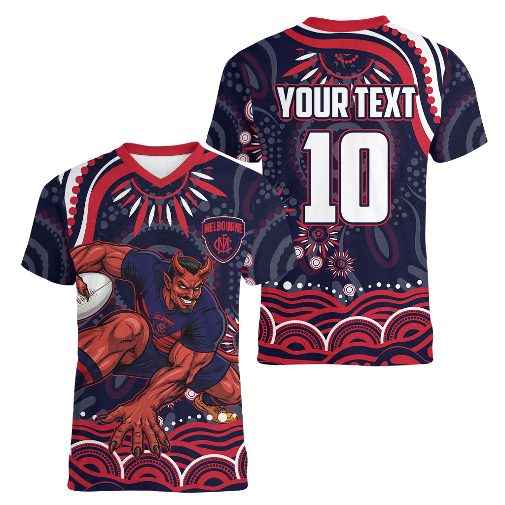 Personalized Melbourne Demons Mascot Women V-Neck T-Shirt Aboriginal Dot Art - Dreamtime Football Mascot