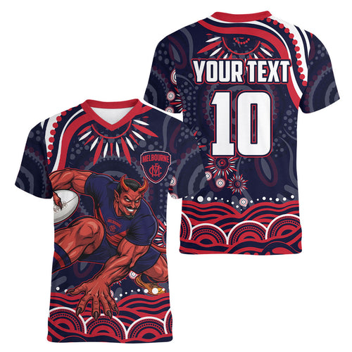 Personalized Melbourne Demons Mascot Women V-Neck T-Shirt Aboriginal Dot Art - Dreamtime Football Mascot