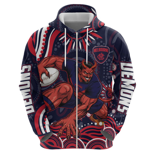 Personalized Melbourne Demons Mascot Zip Hoodie Aboriginal Dot Art - Dreamtime Football Mascot