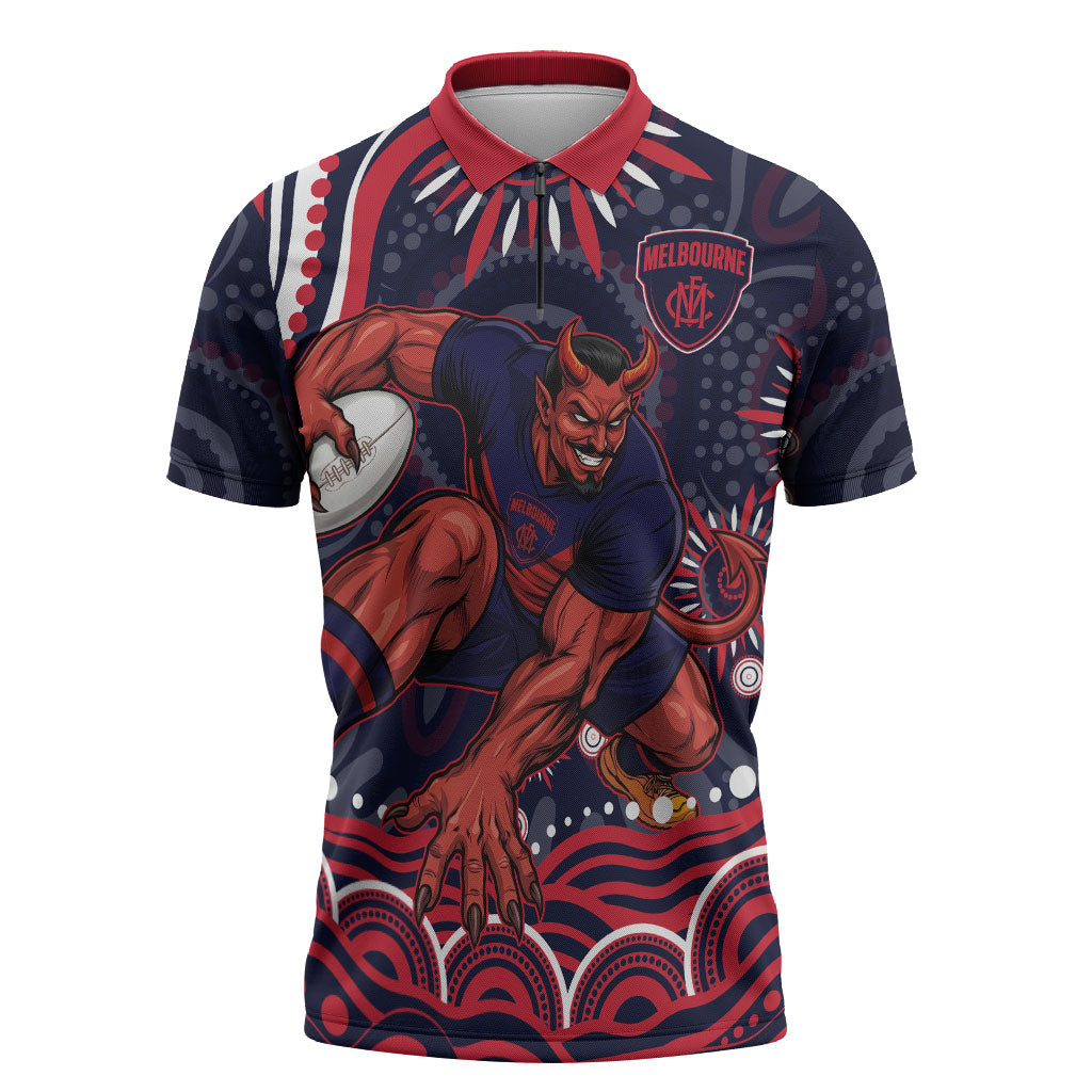 Personalized Melbourne Demons Mascot Zipper Polo Shirt Aboriginal Dot Art - Dreamtime Football Mascot