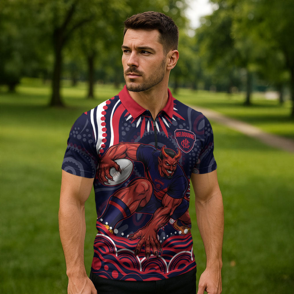 Personalized Melbourne Demons Mascot Zipper Polo Shirt Aboriginal Dot Art - Dreamtime Football Mascot