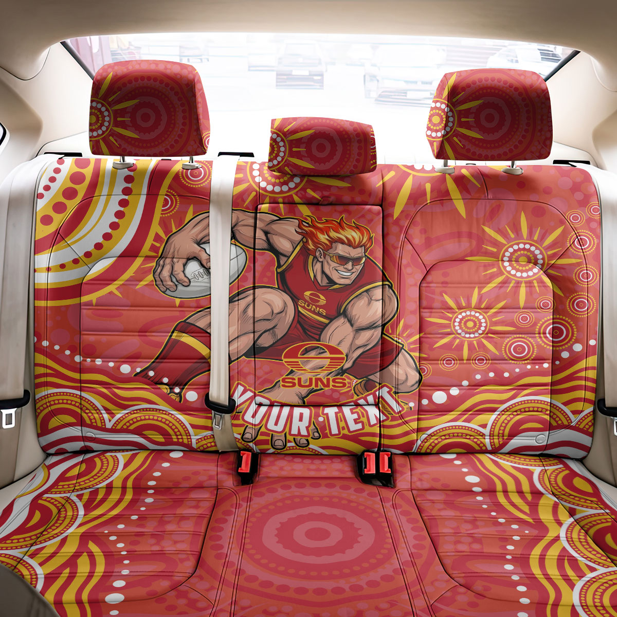 Personalized Gold Coast Suns Mascot Back Car Seat Cover Aboriginal Dot Art - Dreamtime Football Mascot
