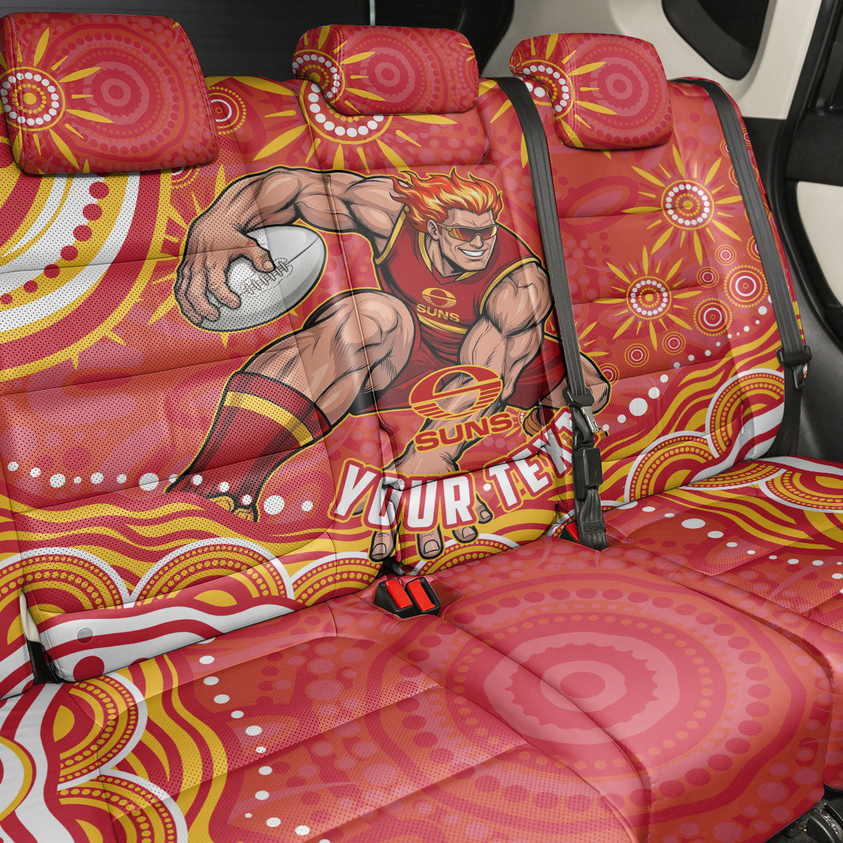 Personalized Gold Coast Suns Mascot Back Car Seat Cover Aboriginal Dot Art - Dreamtime Football Mascot