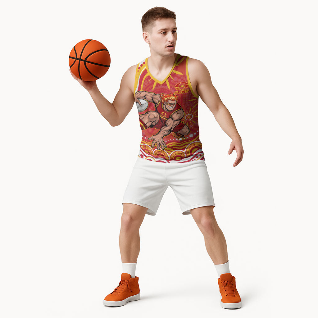 Personalized Gold Coast Suns Mascot Basketball Jersey Aboriginal Dot Art - Dreamtime Football Mascot