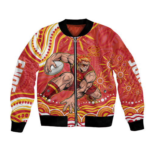 Personalized Gold Coast Suns Mascot Bomber Jacket Aboriginal Dot Art - Dreamtime Football Mascot