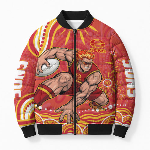 Personalized Gold Coast Suns Mascot Bomber Puffer Jacket Aboriginal Dot Art - Dreamtime Football Mascot